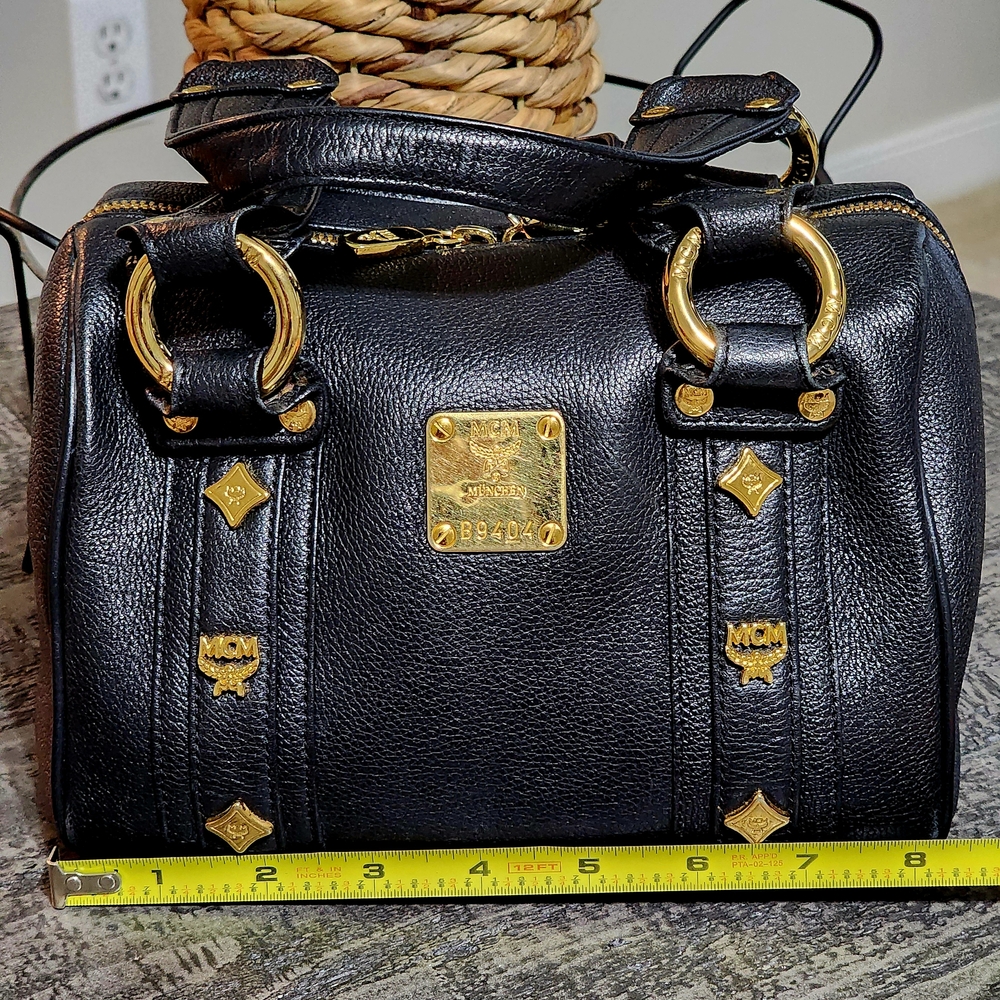MCM Mini Black Leather Dome Satchel with Gold Accents